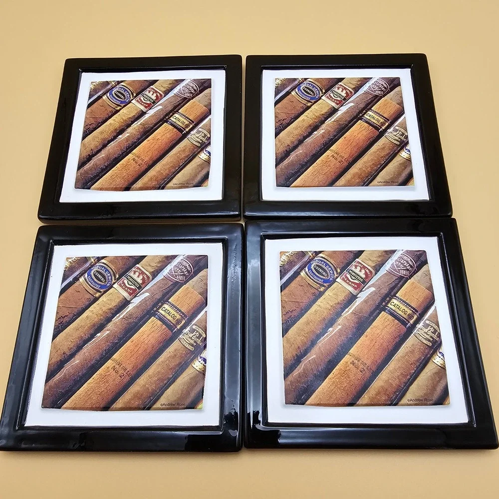 Cool‎ Vintage Ambiance Coasters Cigar Photo Set 4 Ceramic Cork Back Home Decor